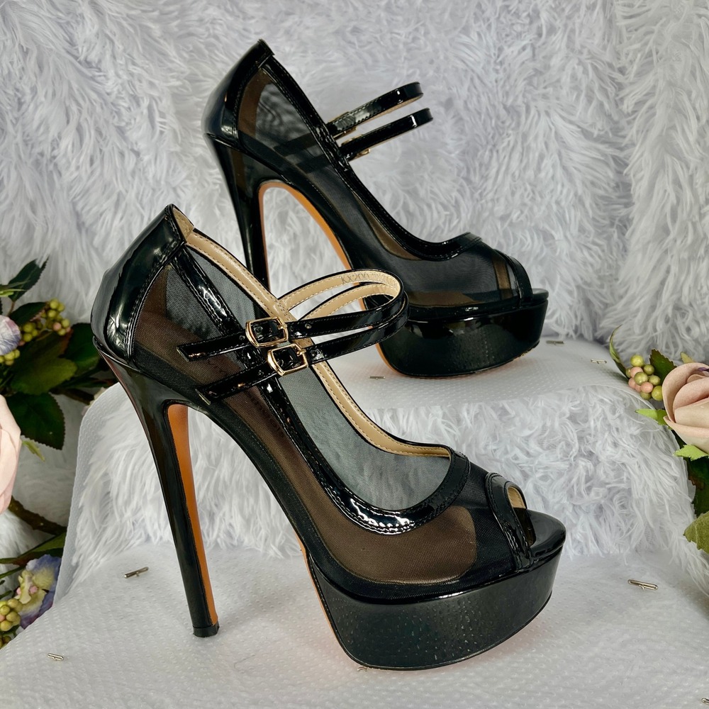 Onlymaker Platform Stiletto Heels Women 8 Black Patent Mesh Peep Toe Strappy